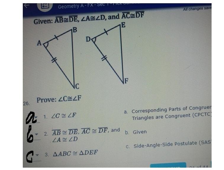 Given AB= DE <A=<D and AC= DF​-example-1