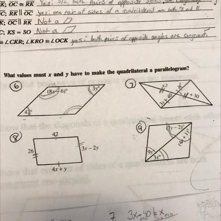 Can someone help me on #7 and #9? It is to find x and y in a parallelogram. Thanks-example-1