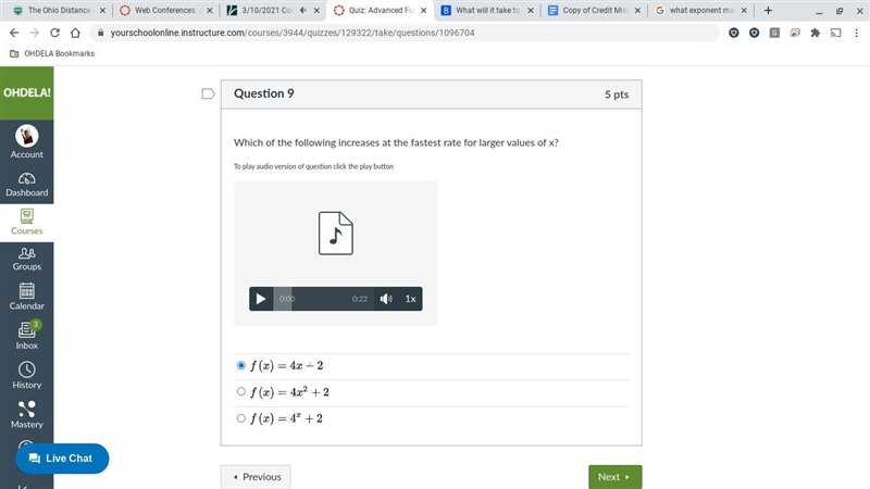 Which of the following increases at the fastest rate for larger values of x?-example-1