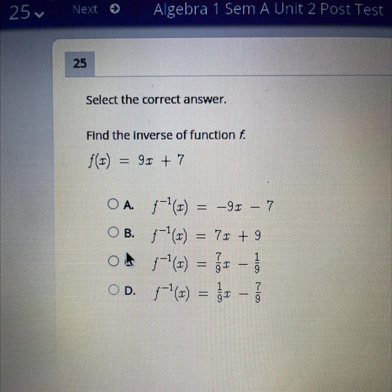 Select the correct answer. Find the inverse of function f. 95 + 7-example-1