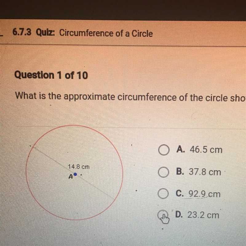 What is the approximate circumference of the circle shown below￼-example-1