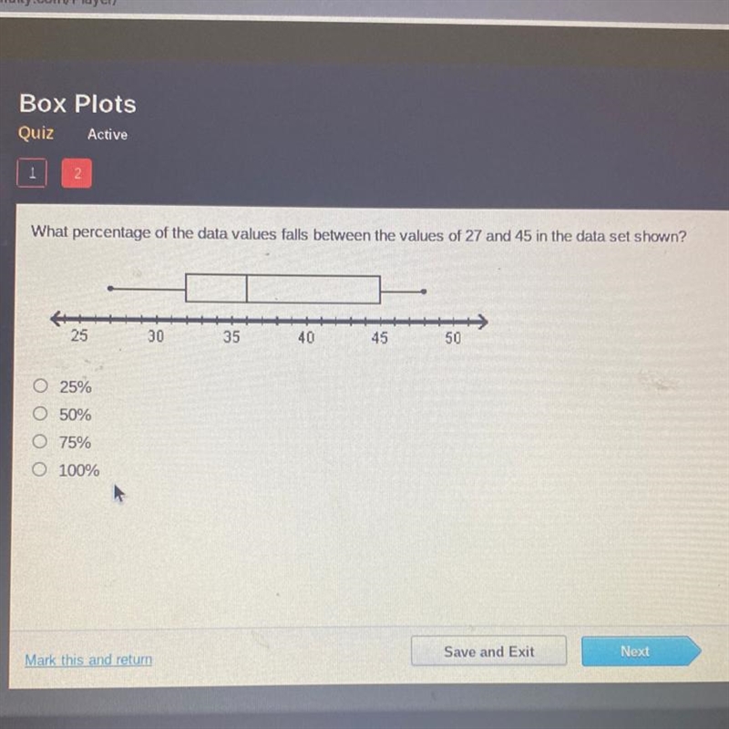 What percentage of the data values falls between the values of 27 and 45 in the data-example-1