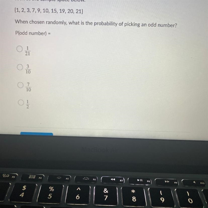 Look at the sample space below. {1, 2, 3, 7, 9, 10, 15, 19, 20, 21} When chosen randomly-example-1