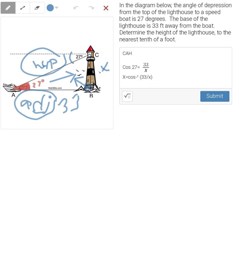 In the diagram below, the angle of depression from the top of the lighthouse to a-example-1