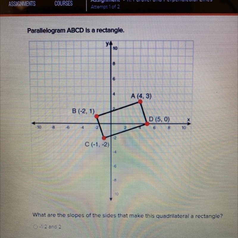 Parallelogram ABCD is a rectangle. What are the slopes of the sides that make this-example-1