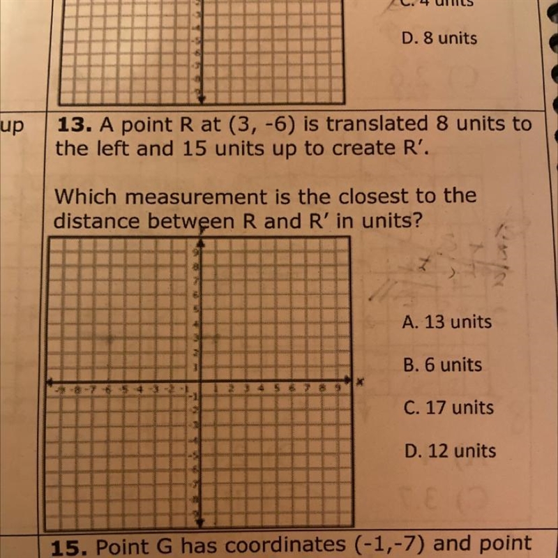 A point R at (3, -6) is translated 8 units to the left and 15 units up to create R-example-1