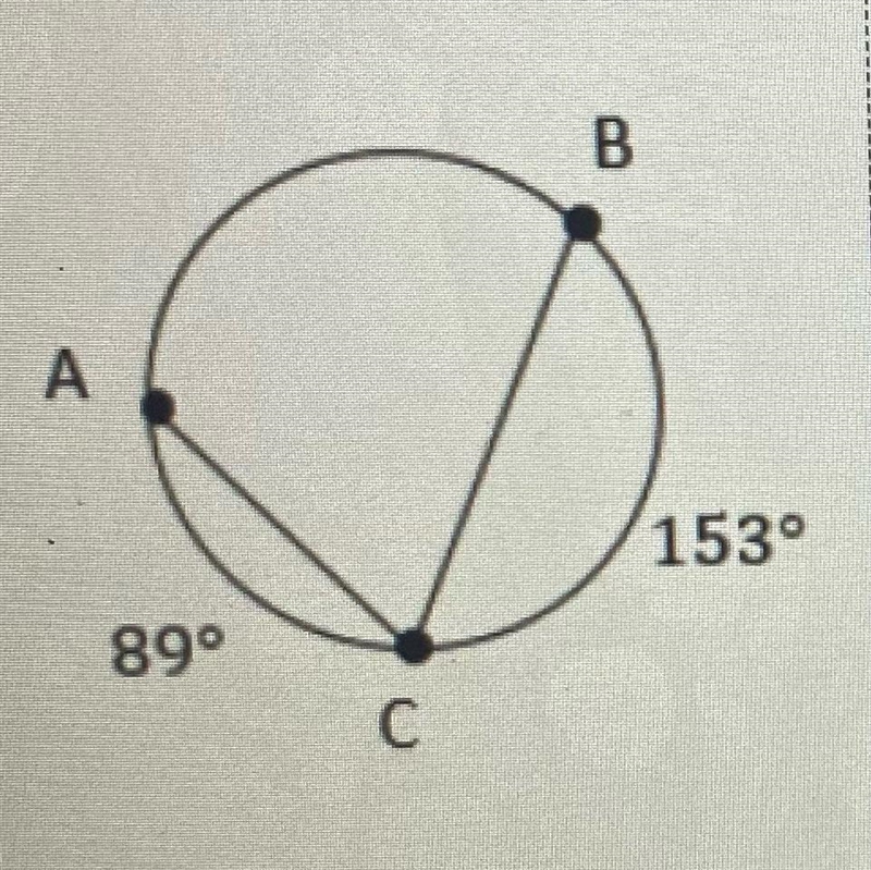 A circle shown below, m AC = 89° and m BC = 153°. Determine m∠ACB.-example-1