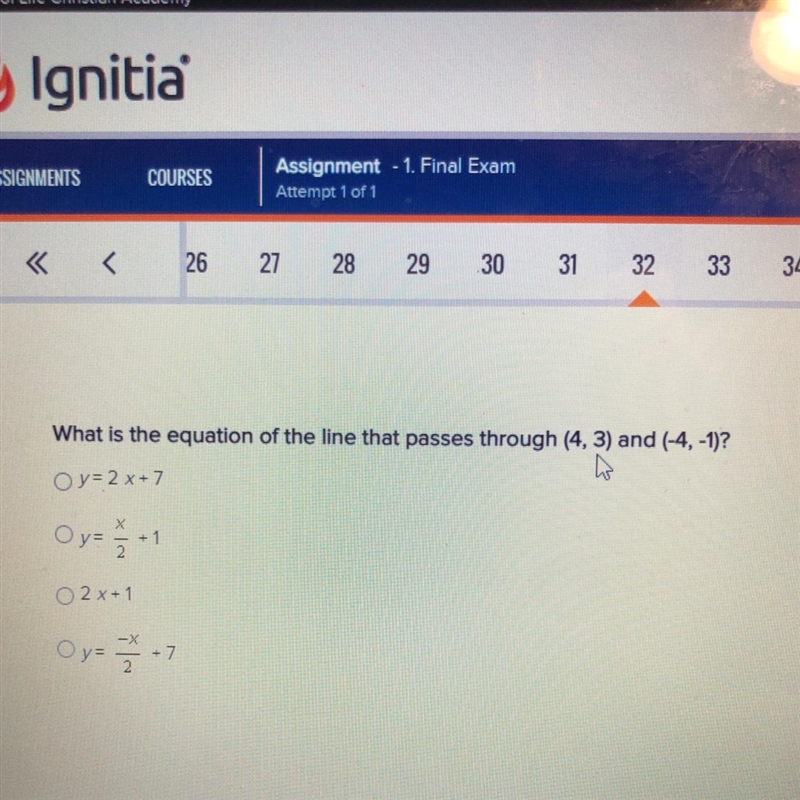 What is the equation of the line that passes through (4, 3) and (-4,-1)?-example-1