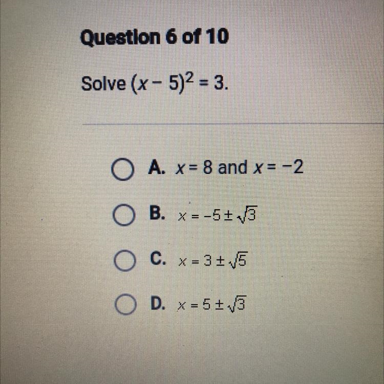 Solve (x-5)^2=3 Please help-example-1