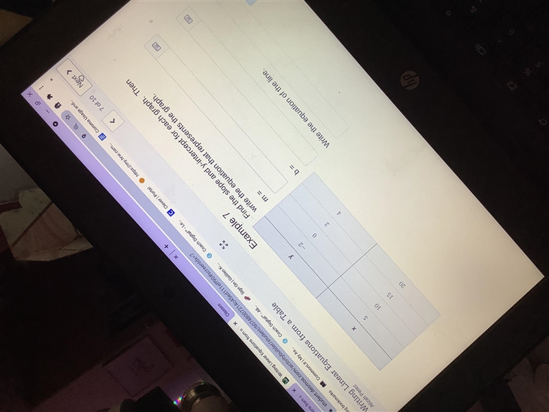 Writing linear equations from a table Find the y intercept and slope-example-1