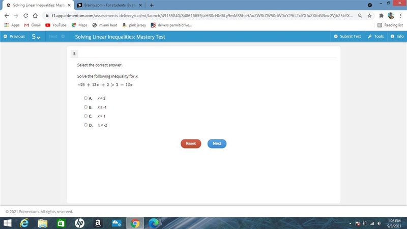 Select the correct answer. Solve the following inequality for x. A. x < 2 B. x-example-1