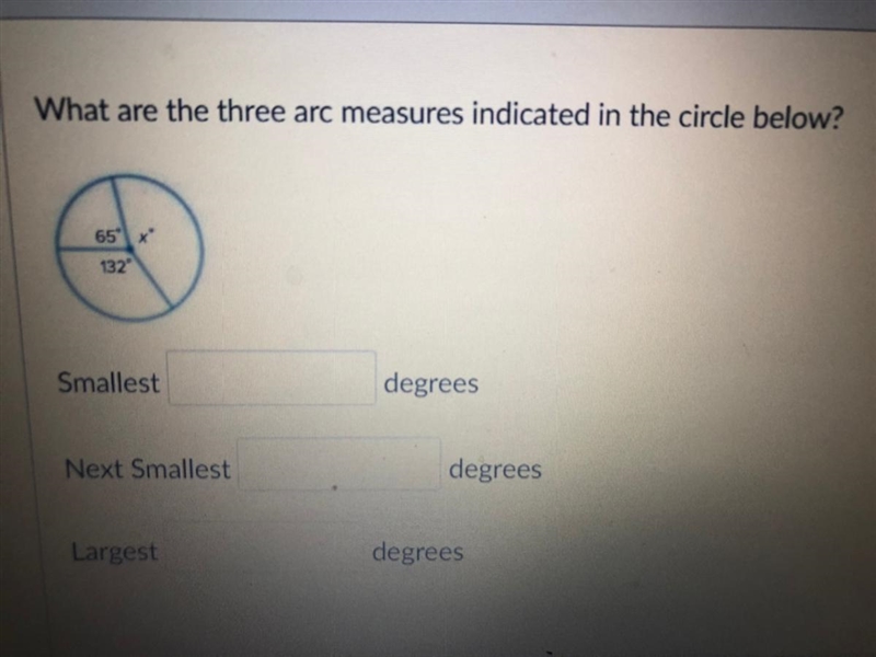 What are the three arc measures indicated in the circle below-example-1