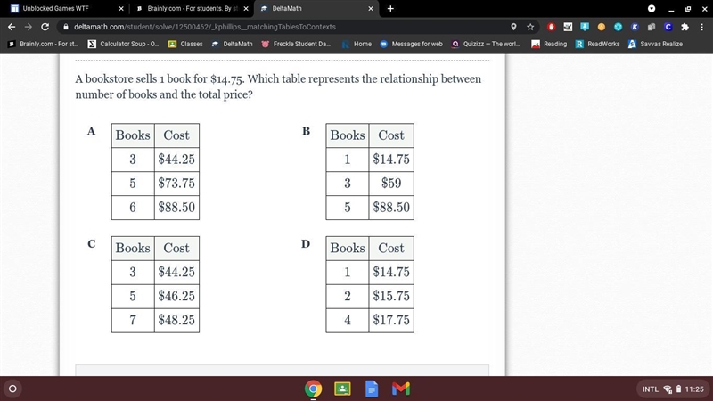 A bookstore sells 1 book for $14.75. Which table represents the relationship between-example-1