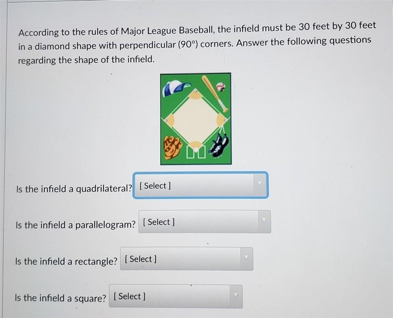 According to the rules of Major League Baseball, the infield must be 30 feet by 30 feet-example-1