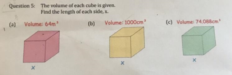 Question 5: The volume of each cube is given. Find the length of each side, x. (a-example-1