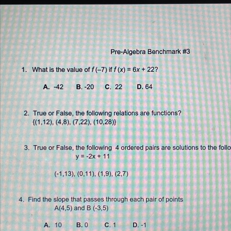 2. True or False, the following relations are functions? {(1,12), (4,8), (7,22), (10,28)}-example-1