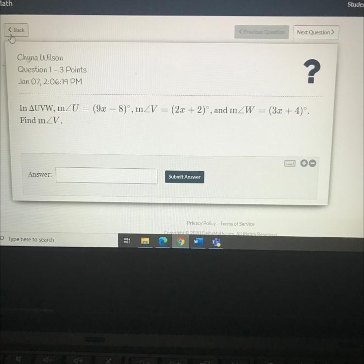 In AUVW, mZU = (92 – 8), m_V = (2x + 2)", and m_W = (3x + 4) Find m2V.-example-1