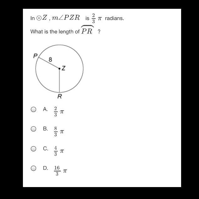 What is the length of PR ? A. 23π B. 83π C. 43π D. 163π-example-1