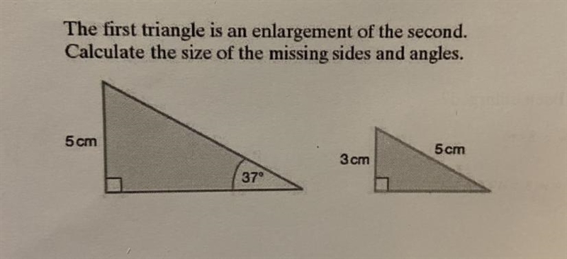 The first triangle is an enlargement of the second. Calculate the size of the missing-example-1