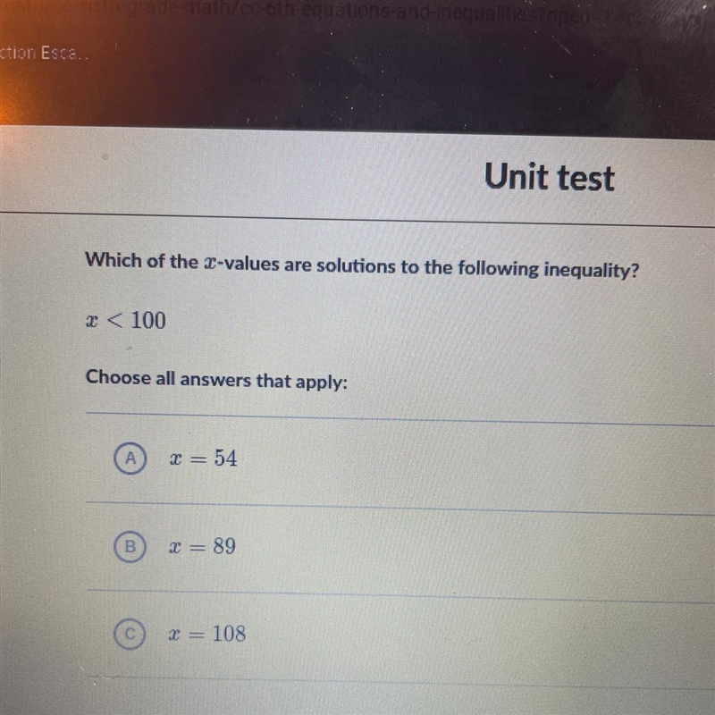 Which of the x-values are solutions to the following inequality? x <100 Choose-example-1