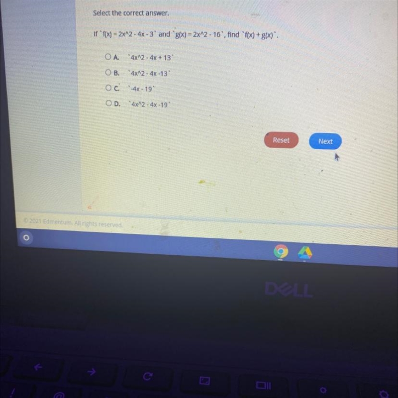 Select the correct answer. If f(x) = 2x^2 - 4x - 3° and g(x) = 2x^2 - 16`, find &quot-example-1