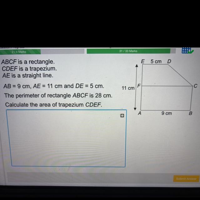 Help me with this please?????????? ABCF is a rectangle. CDEF is a trapezium. AE is-example-1