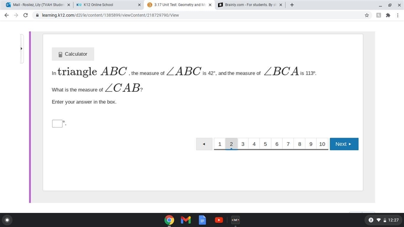 In triangle ABC , the measure of ∠ABC is 42°, and the measure of ∠BCA is 113º. What-example-1