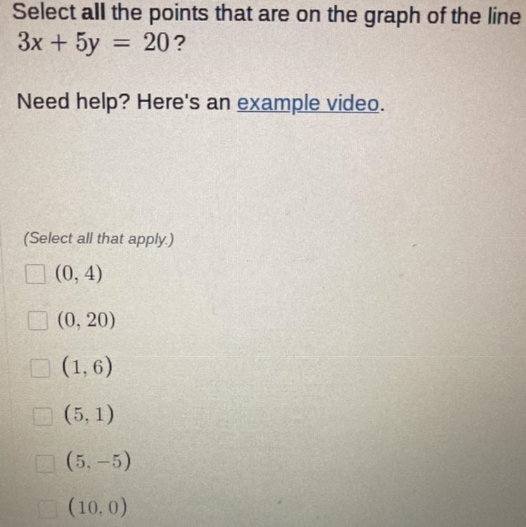 Please hurry Select all the points that are on the graph of the line 3x + 5y = 20 ?-example-1