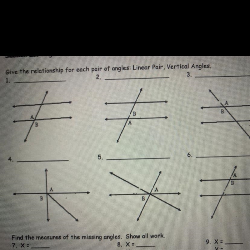 Give the relationship for each pair of angles: Linear Pair, Vertical Angles.-example-1