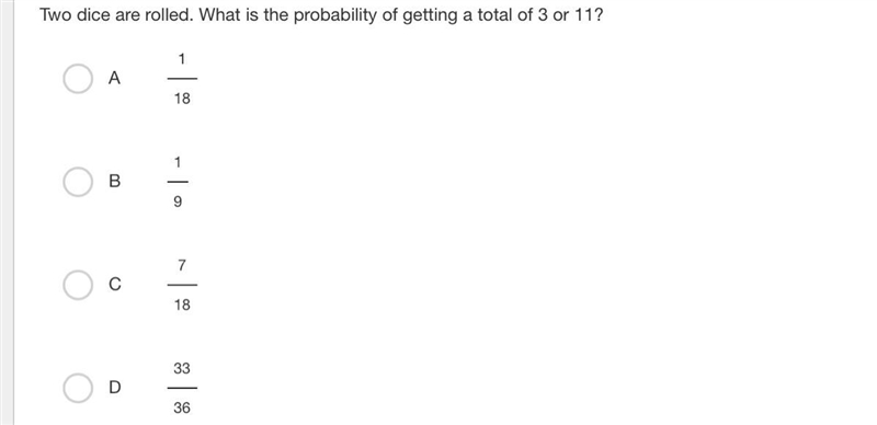 Two dice are rolled. What is the probability of getting a total of 3 or 11?-example-1