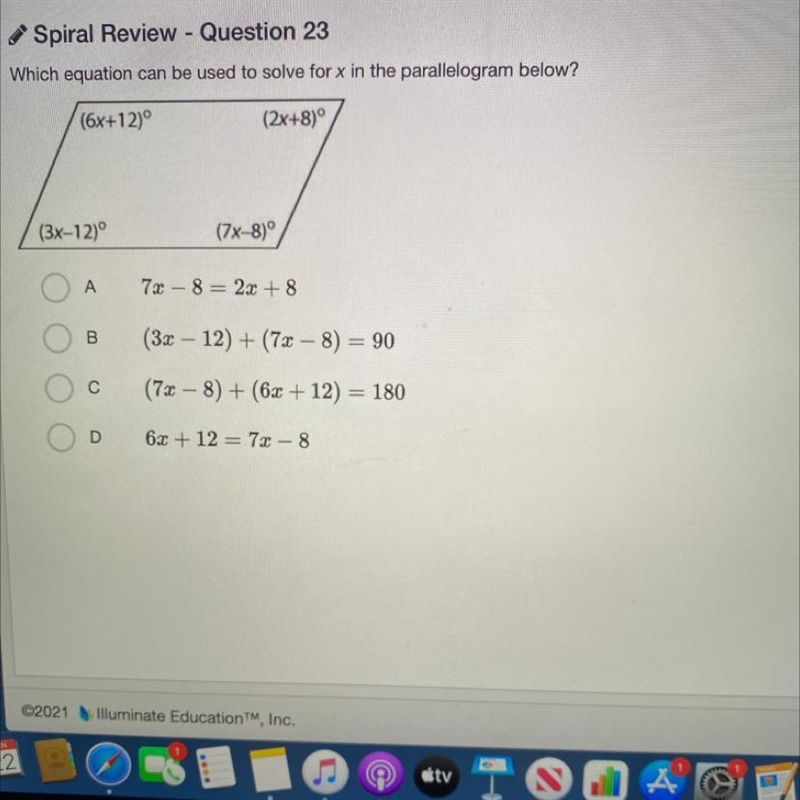 Which equation can be used to 500 (6x+12) (2x+8)° (3x-12)° (7x-8)° A 72 – 8= 2x + 8 B-example-1