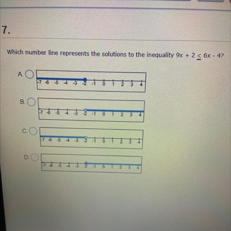 Which number line represents the solutions to the inequality 9x + 2 5 6x - 4?-example-1