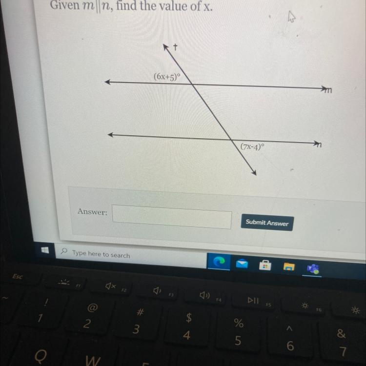 Given m||n, find the value of x. kt (6x+5)° (7X-40°-example-1