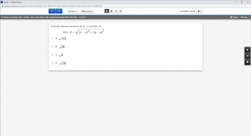 Find the distance between A(-6, 1) and B(5, 4). Hint: d = √ ( x − x ) 2 + ( y − y-example-1