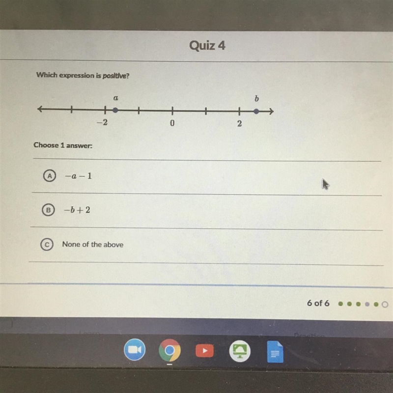 Which expression is positive? b a -2 0 2 Choose 1 answer: -Q-1 -6+2 None of the above-example-1