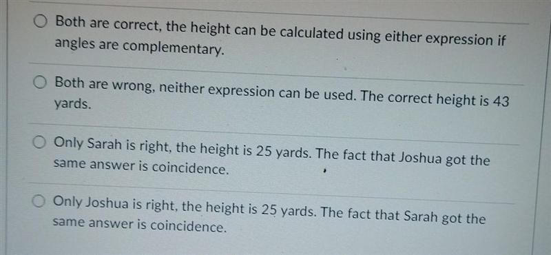 Sarah and Joshua are trying to estimate the height of a parking garage using a 50 yards-example-1