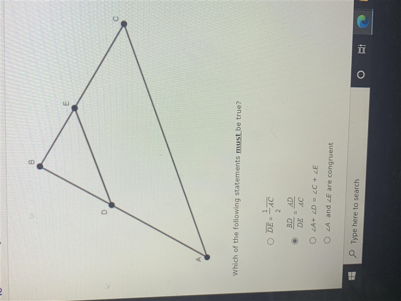 In the diagram below AC and DE are parallel?-example-1