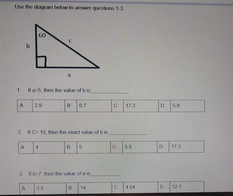 Use the diagram below to answer questions 1-3. 60 C b If a=5, then the value of b-example-1