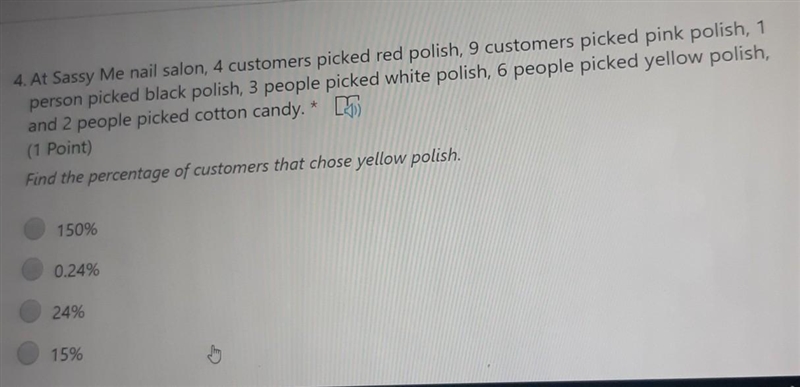 6 people picked yellow polish Find the percentage of customers that chose yellow polish-example-1