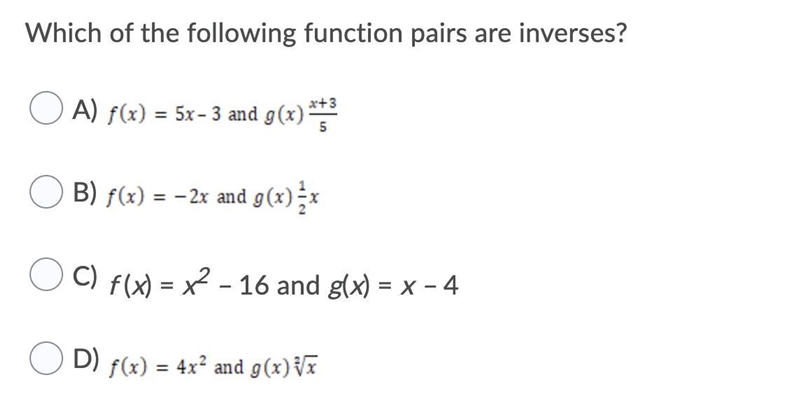 Which of the following function pairs are inverses?-example-1