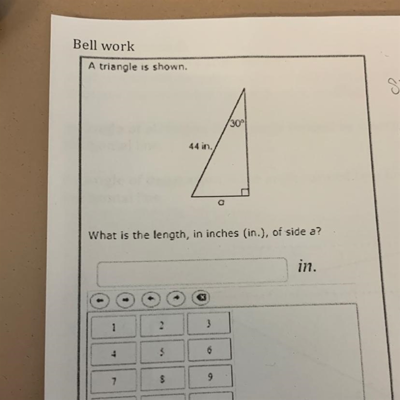 A triangle is shown. 300 44 in. What is the length, in inches (in.), of side a? in-example-1