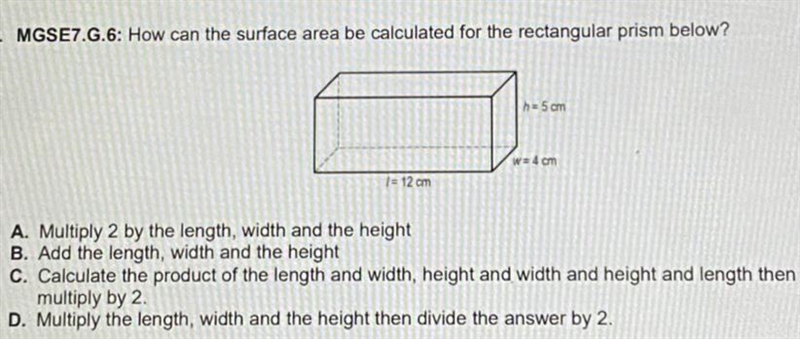 How can the surface area be calculated for the rectangular prism below? = 5cm w=4 cm-example-1