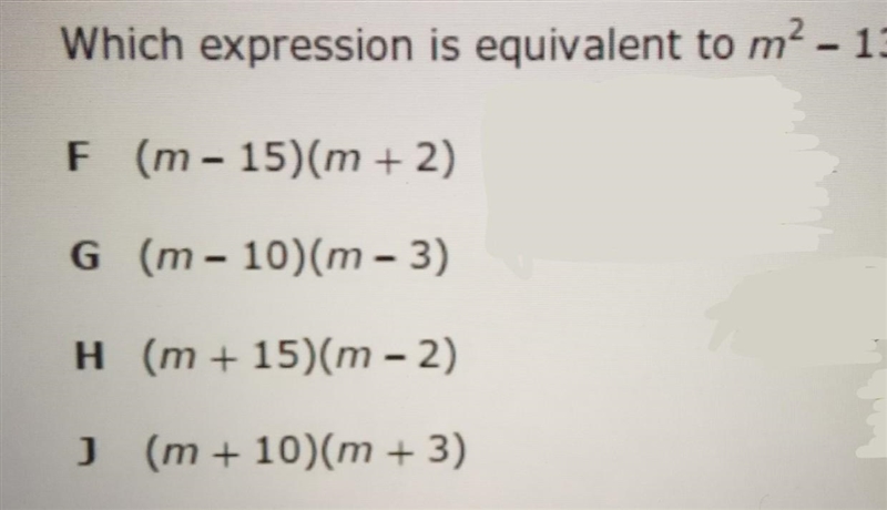 Which expression is equivalent to m² - 13m - 30?​-example-1