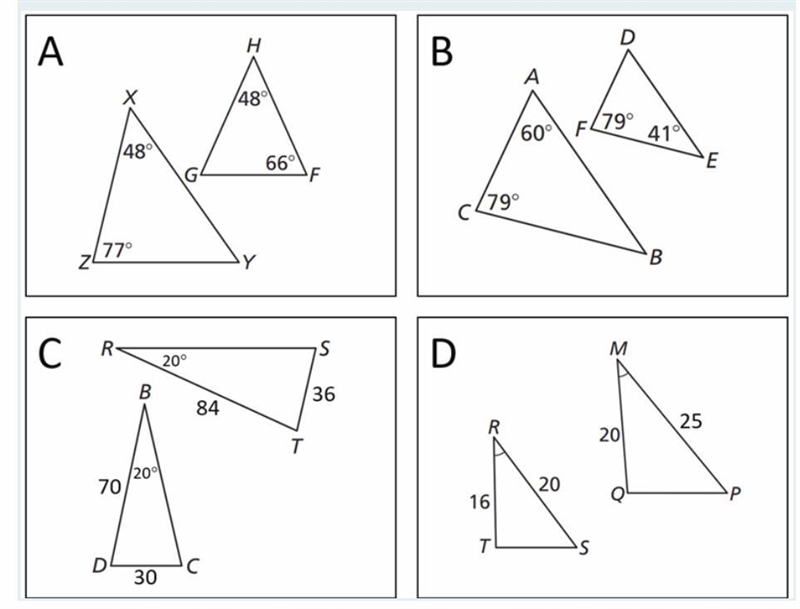 Which of the following show two similar triangles?-example-1