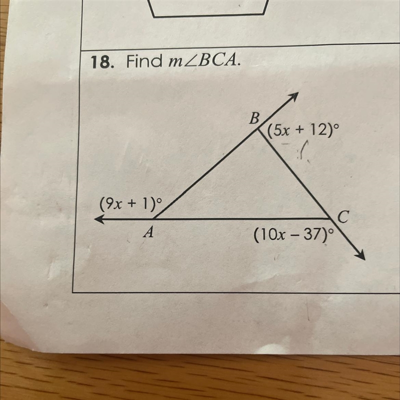 18). Find mZBCA. B (5x + 12) [. (9x + 1) А (10x – 37)°-example-1