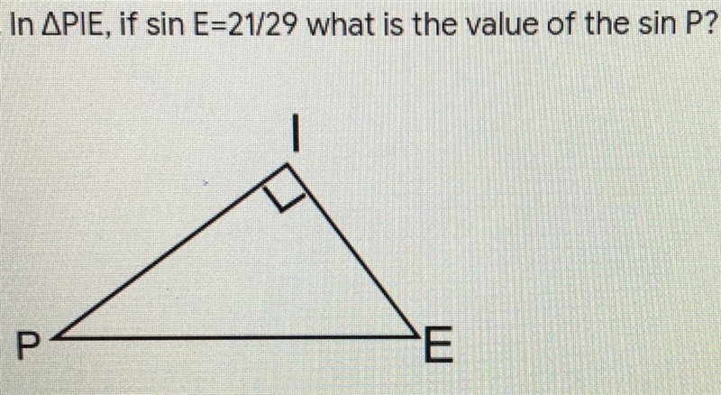 In PIE, if sin E=21/29 what is the value of the sin P?-example-1