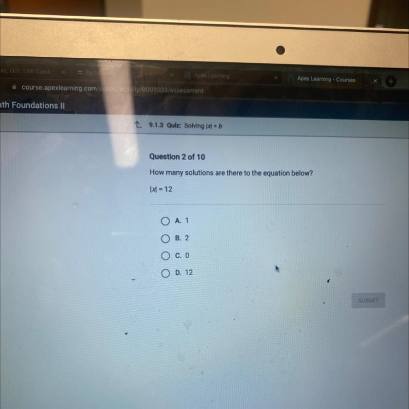 How many solutions are there to the equation below? |x|= 12-example-1