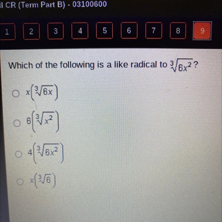 What is the following is a like radical to 3/6x^2? NO FILES WILL BE REPORTED!!!-example-1