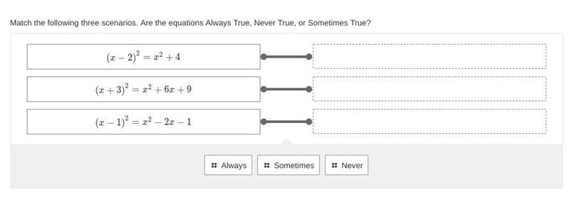 Match the following three scenarios. Are the equations Always True, Never True, or-example-1