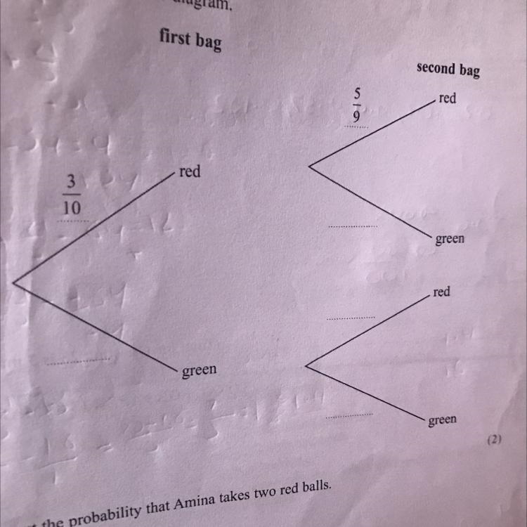PLEASE help me!!! Amina has two bags. In the first bag there are 3 red balls and 7 green-example-1
